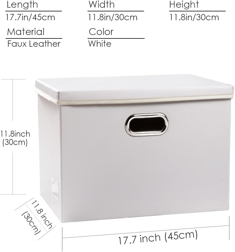 PRANDOM Large Stackable Storage Bins with Lids [3-Pack] Leather Fabric Foldable Storage Boxes Organizer Containers Baskets Cube with Cover for Bedroom Closet Office Nursery White (17.7x11.8x11.8)