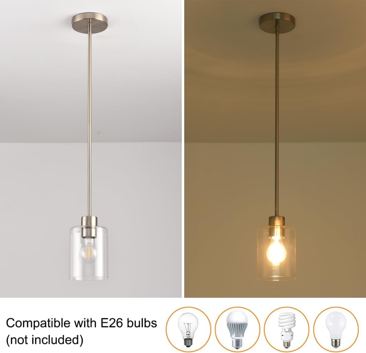 Brushed Nickel Pendant Lights Kitchen Island - Clear Glass Pendant Light Fixture Multiple Stems Rods 3 Units 12 Inch 3 Units 4 Inch (3 Pack Brushed Nickel)