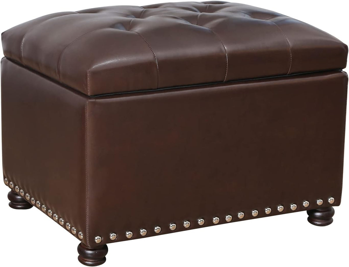 24'' Leather Storage Ottoman Rectangular Foot Rest Stool with Nailhead Trim for Bedroom Living Room(Dark Brown)