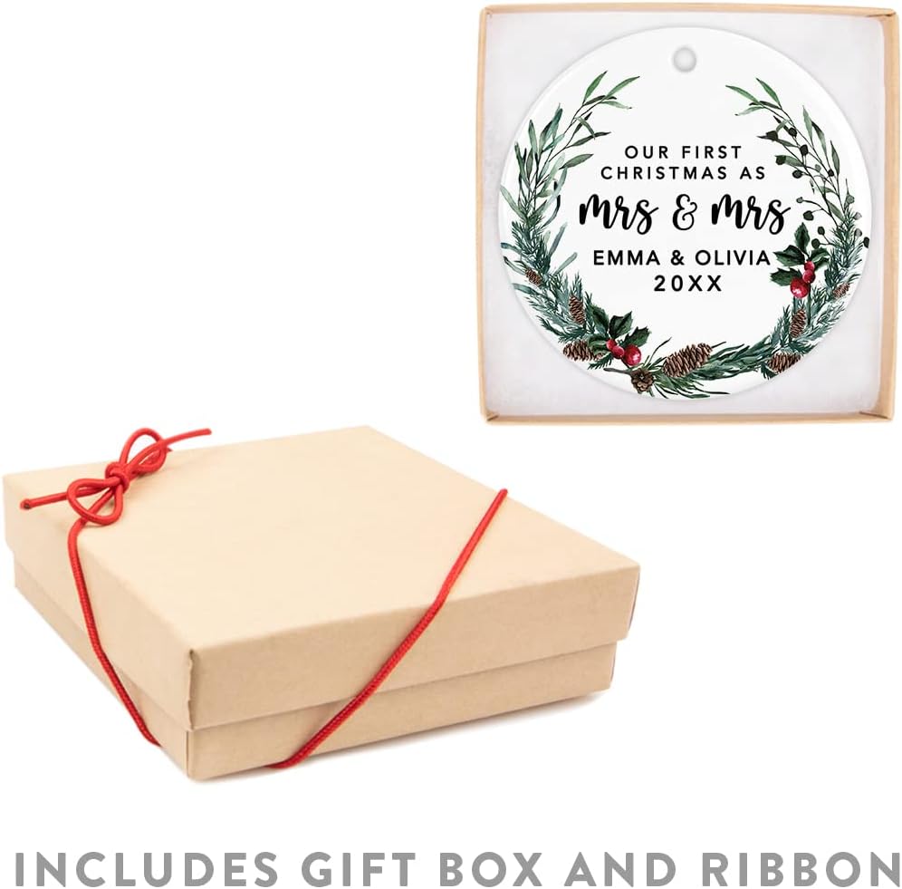Andaz Press Personalized Our First Christmas As Mrs. & Mrs. 2025 Christmas Ornaments Holly & Pinecone Wreath 2.8" Round Porcelain Ceramic Lesbian Married Couple Gay Women Wedding Keepsake 1-Pack