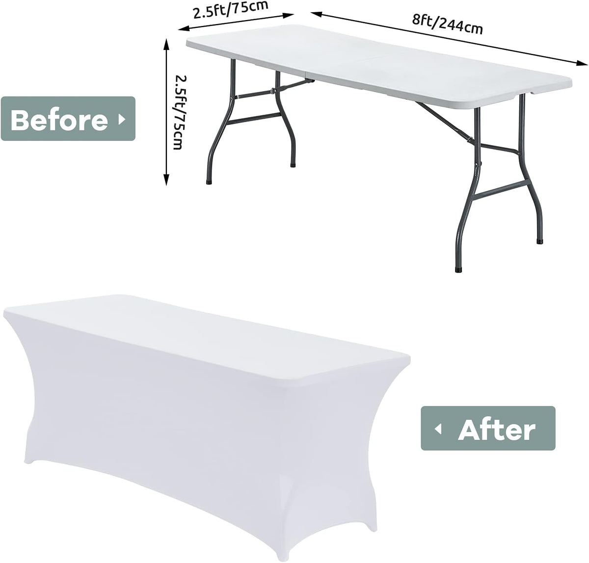 CWK 8FT Waterproof Stretch Spandex Table Cover for Rectangular Tables - Elastic Fitted Tablecloth for Folding Tables,Wrinkle Resistant Table Cloth for Parties, Weddings, Banquets & Events (White)