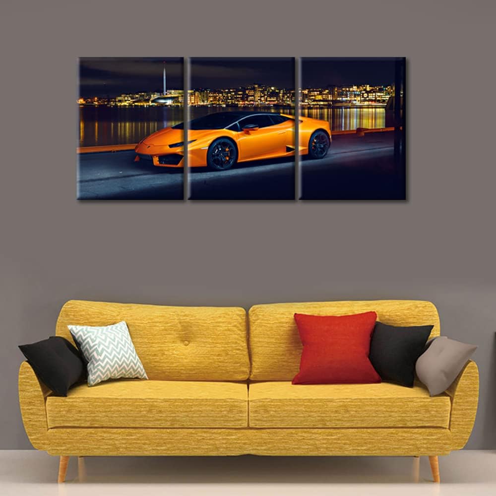 TUMOVO Canvas Art Wall Decor Orange Car Poster for Men Boys Bedroom Décor Wall Art Pictures for Living Room Sports Car Wall Painting Modern Wall Art Stretched and Framed Ready to Hang 36" Wx16 H