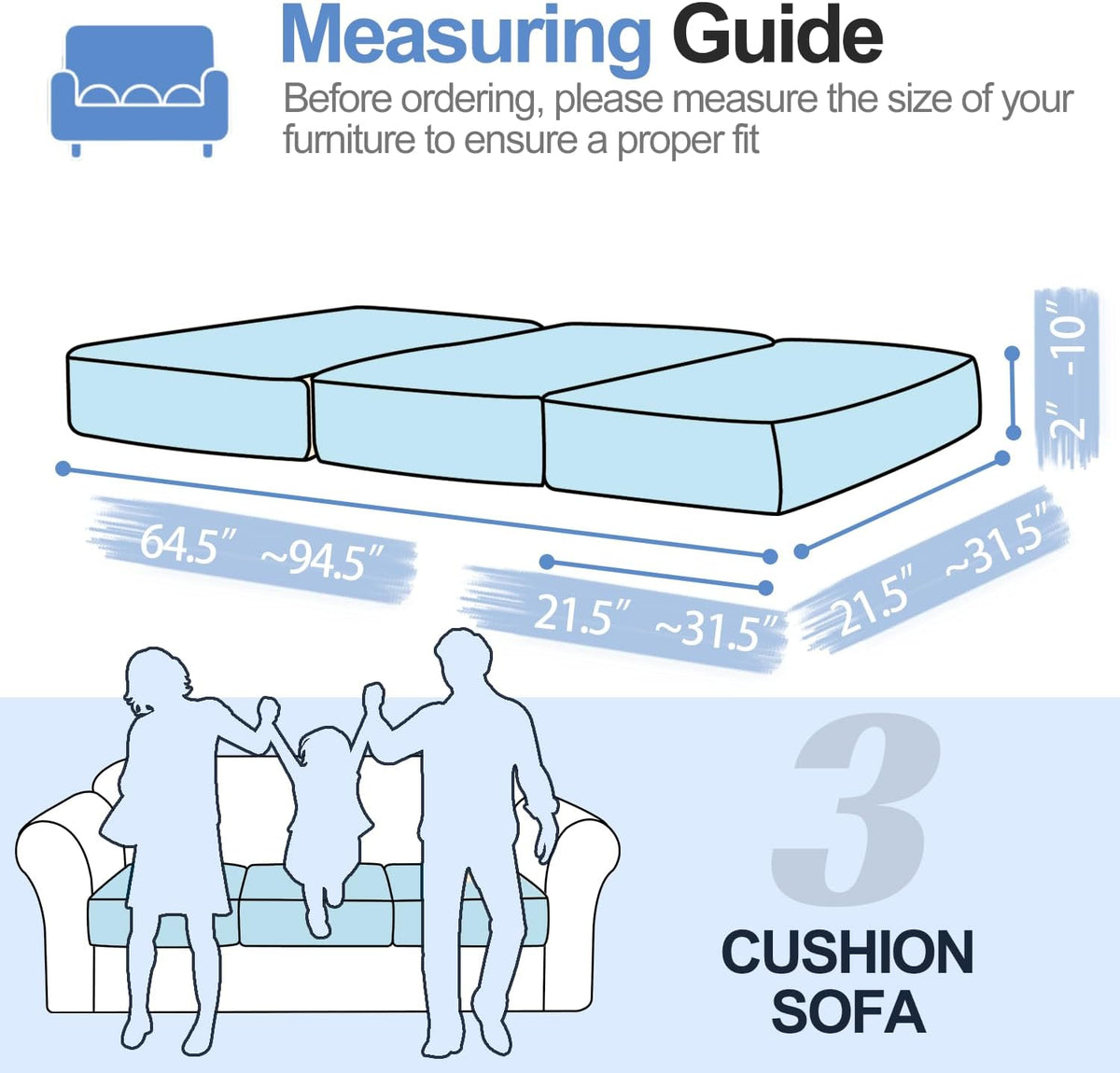 Couch Cushion Covers Individual Large Super Stretch Chenille (Softer Version) Sofa Cushion Covers, Couch Seat Covers Couch Slipcovers Furniture Protector (3PC, Blue)