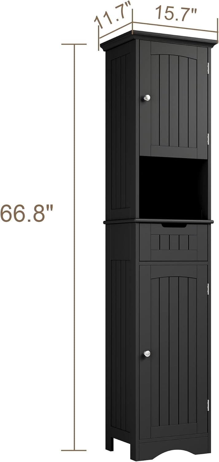 ChooChoo 67" Tall Bathroom Storage Cabinet Freestanding with Adjustable Shelves, Narrow Storage Linen Cabinet with 2 Doors and 1 Drawers for Bathroom, Living Room, Kitchen, Black
