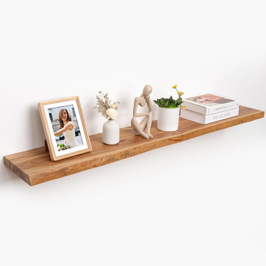RICHFOCUS Live Edge Elm Floating Shelves - 48" W x 9.3" D Rustic Solid Wood Wall Shelves with Invisible Bracket, Wall-Mounted for Living Room, Bedroom, Kitchen Storage & Display, Set of 1, Natural