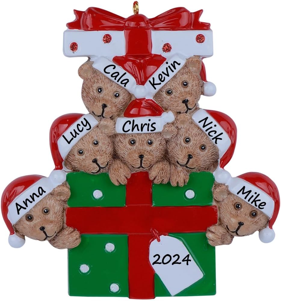 Personalized Family Ornament 2024, Bear Family of 7 Christmas Tree Ornament, Customized Teddy Bear Ornaments for Christmas Tree Decor, Unique Bear Gifts for Mom, Dad, Grandkids, Grandma, Grandpa