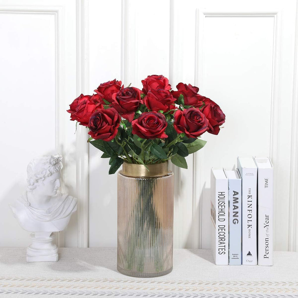 Burgundy Fake Roses Artificial Flowers - 16 Pcs Fake Artificial Roses Silk Flowers with Stems for Home Wedding Hotel Office Centerpiece Decor（Burgundy）