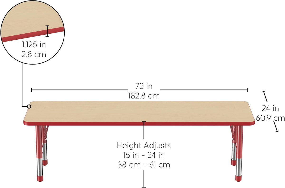 Factory Direct Partners FDP Rectangle Activity School and Classroom Kids Table (24 x 72 inch), Chunky Toddler Legs, Adjustable Table Height 15-24 inches - Maple Top and Red Edge