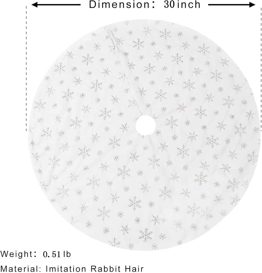30inch White Christmas Tree Skirt Tree Carpet Blanket, Soft 2.5ft Xmas Christmas Tree Blanket with Silver Snowflake White Faux Fur Carpet for Christmas Holidays Decoration Party