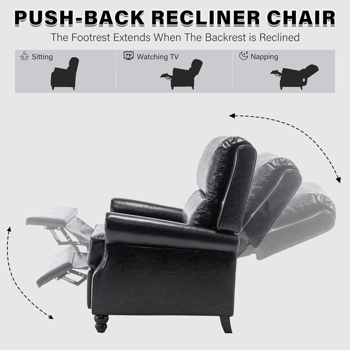 UIXE Pushback Recliner Chair, PU Leather Armchair Push Back Accent Chair for Living Room, Rivet Trim Club Chair Home Theater Overstuffed Single Sofa Bedroom Reading Seat - Black