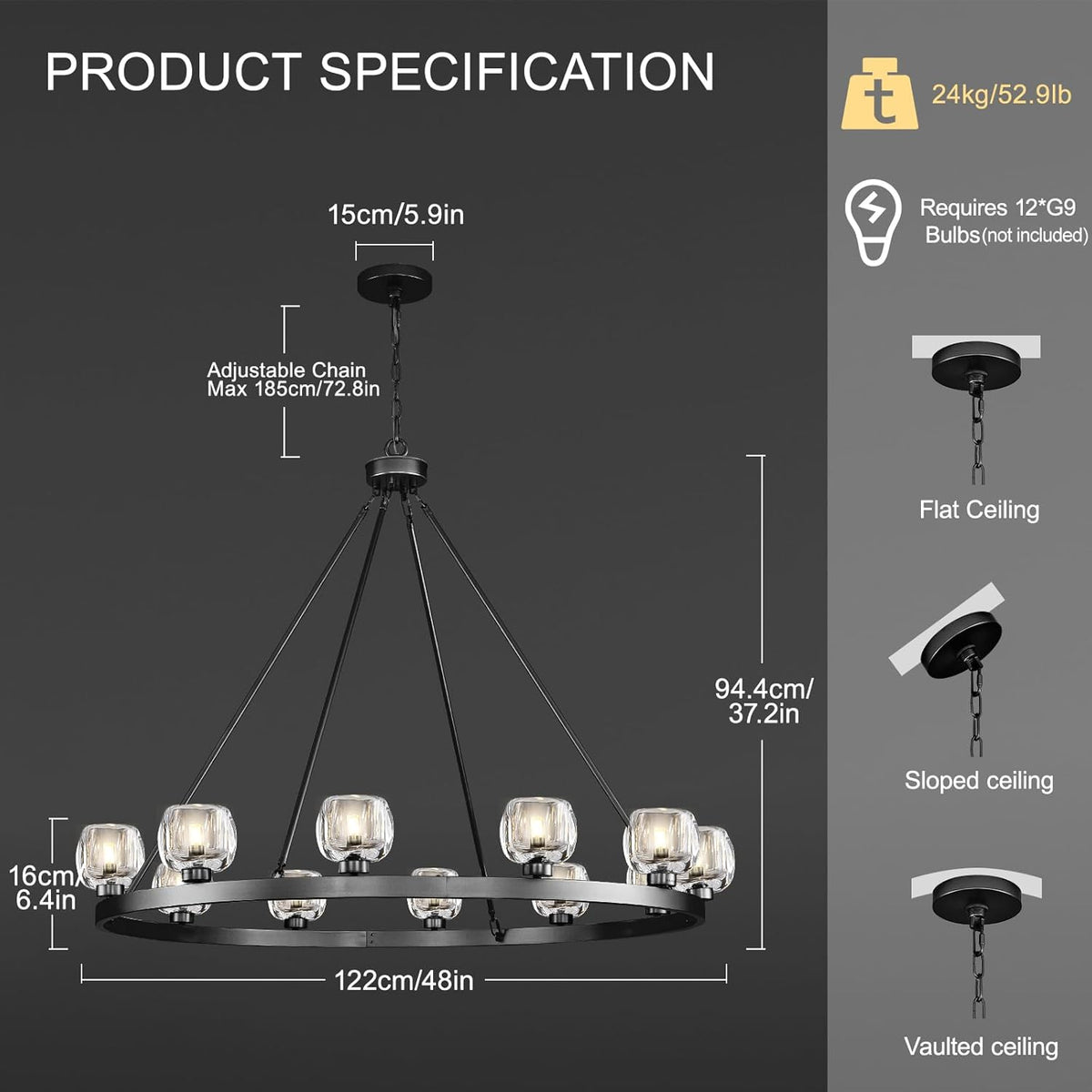 Black Wagon Wheel Chandelier, 48 Inch Black Chandeliers with Unique Glass Shade, 12-Light Crystal Large Wagon Wheel Chandeliers for Dining Room, High Ceiling Round Chandelier for Living Room, Foyer