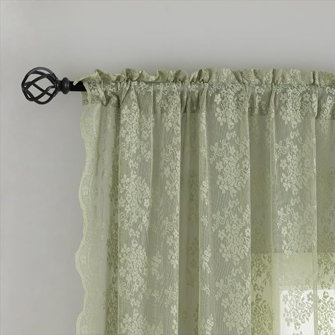 YJ YANJUN Vintage Lace Curtains 72 Inches Long- Floral Pattern Sage Green Sheer - Image 4