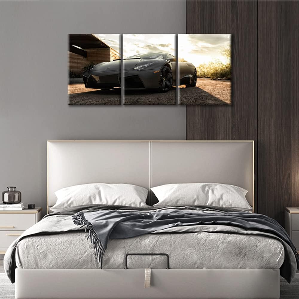TUMOVO Wall Art for Living Room Gray Sports Car at Sunset Office Wall Decor Canvas Prints 3 Pieces Hypercar Supercar Modern Artwork for Men Boys Bedroom Bathroom Framed Ready to Hang, 36" Wx16 H