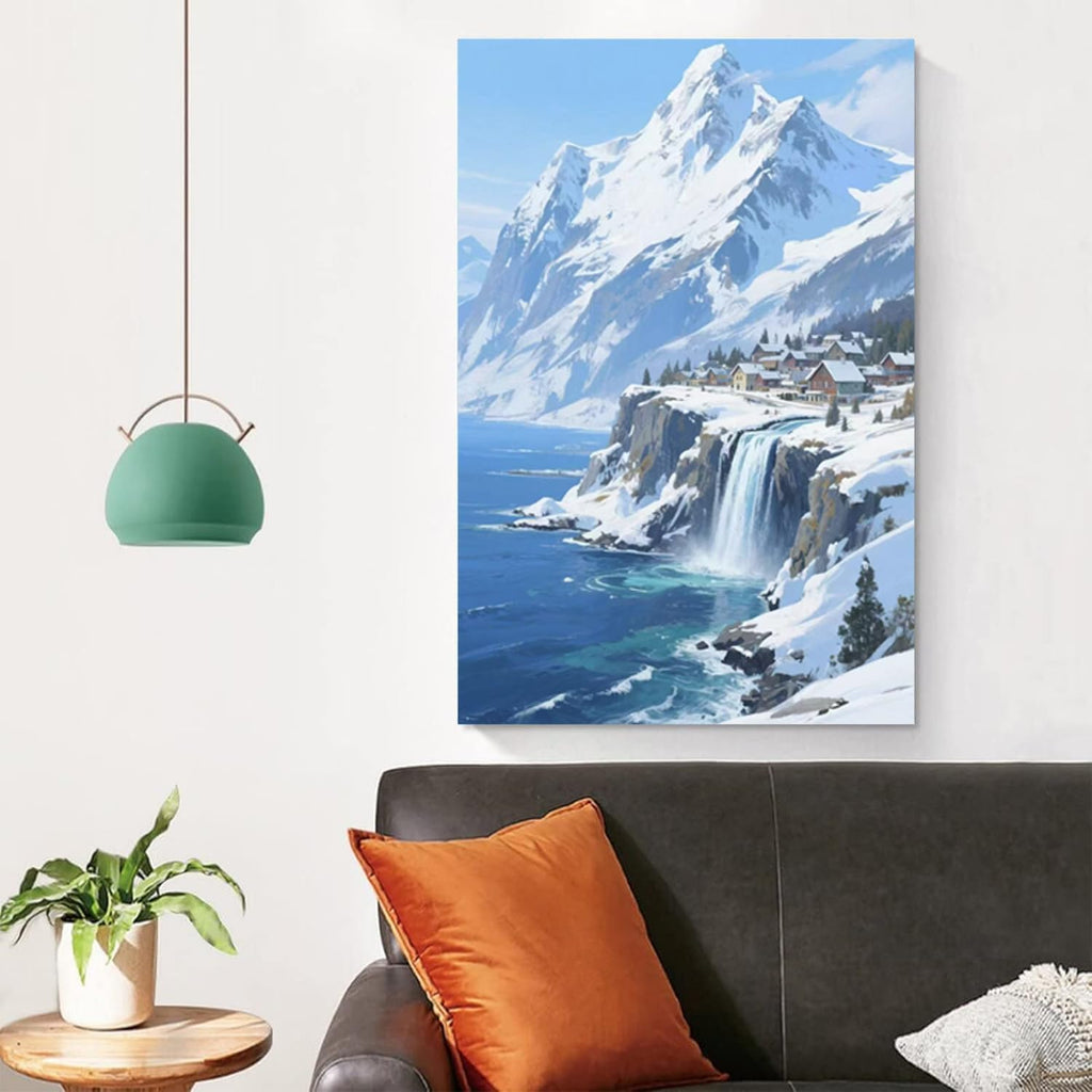 Winter lakeside town and snowy scenery merge together to form a landscape poster wall art suitable for living room bedroom and office