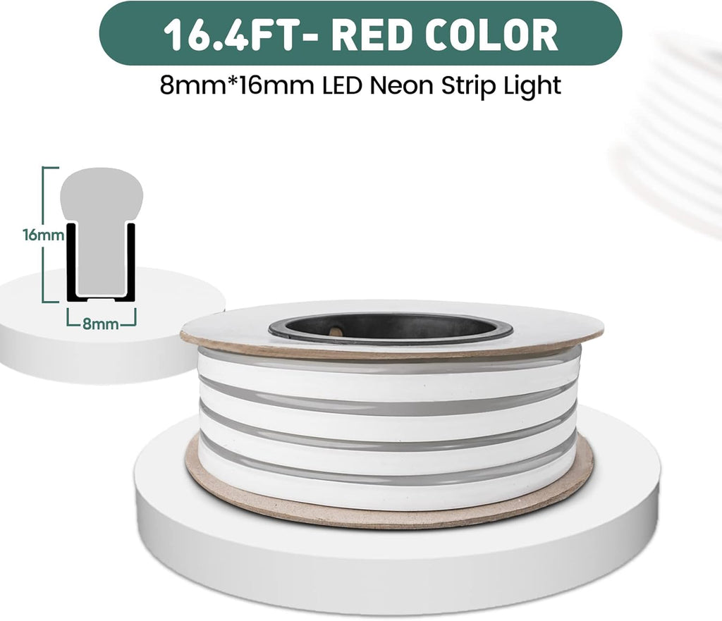 GZBtech Flexible LED Neon Rope Lights 16.4FT,AC 110-120V Waterproof Strip Light, 120LEDs/M Cuttable Connectable Neon Lighting for Indoor Outdoor Home Decor/Commercial Building Use-Red 5M