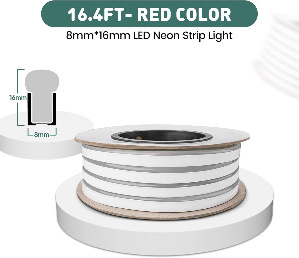 GZBtech Flexible LED Neon Rope Lights 16.4FT,AC 110-120V Waterproof Strip Light, 120LEDs/M Cuttable Connectable Neon Lighting for Indoor Outdoor Home Decor/Commercial Building Use-Red 5M