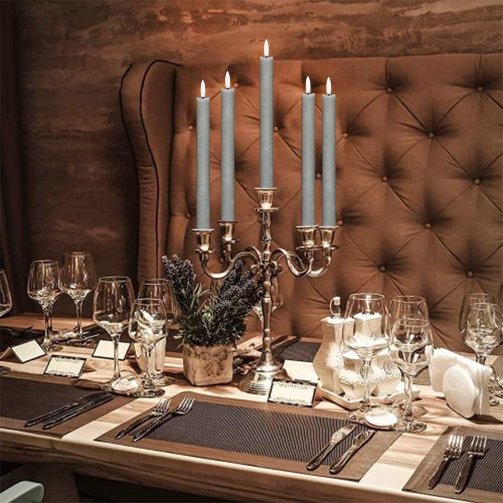 GenSwin Flameless Grey Taper Candles Flickering with 10-Key Remote, Battery Operated Led Warm 3D Wick Light Window Candles Real Wax Pack of 6, Christmas Home Wedding Decor(0.78 X 9.64 Inch)