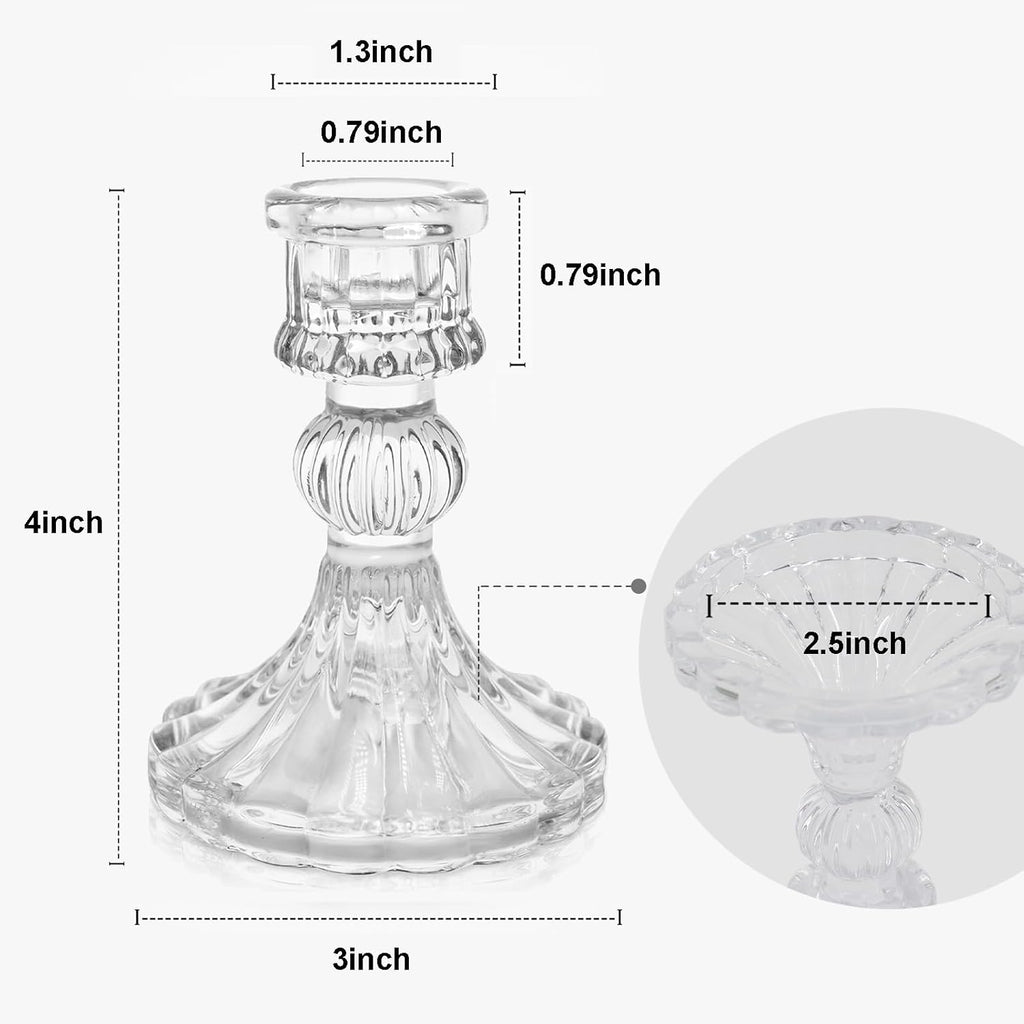 12 Pack Glass Candlestick Holders- Clear Taper Stripe Candle Holders for Candlesticks, 4" H Taper Candle Holders Small Centerpiece for Wedding, Festival, Party & Windowsill Decor