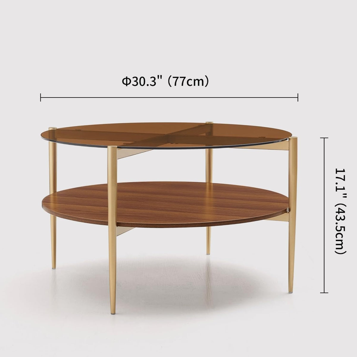 Round Coffee Table, Mid-Century Modern Design, D30 x H17, for Living Room, 2-Tier Structure, Amber Glass Top and Walnut MDF Shelf, Sleek Conical Metal Legs with Gold Finish