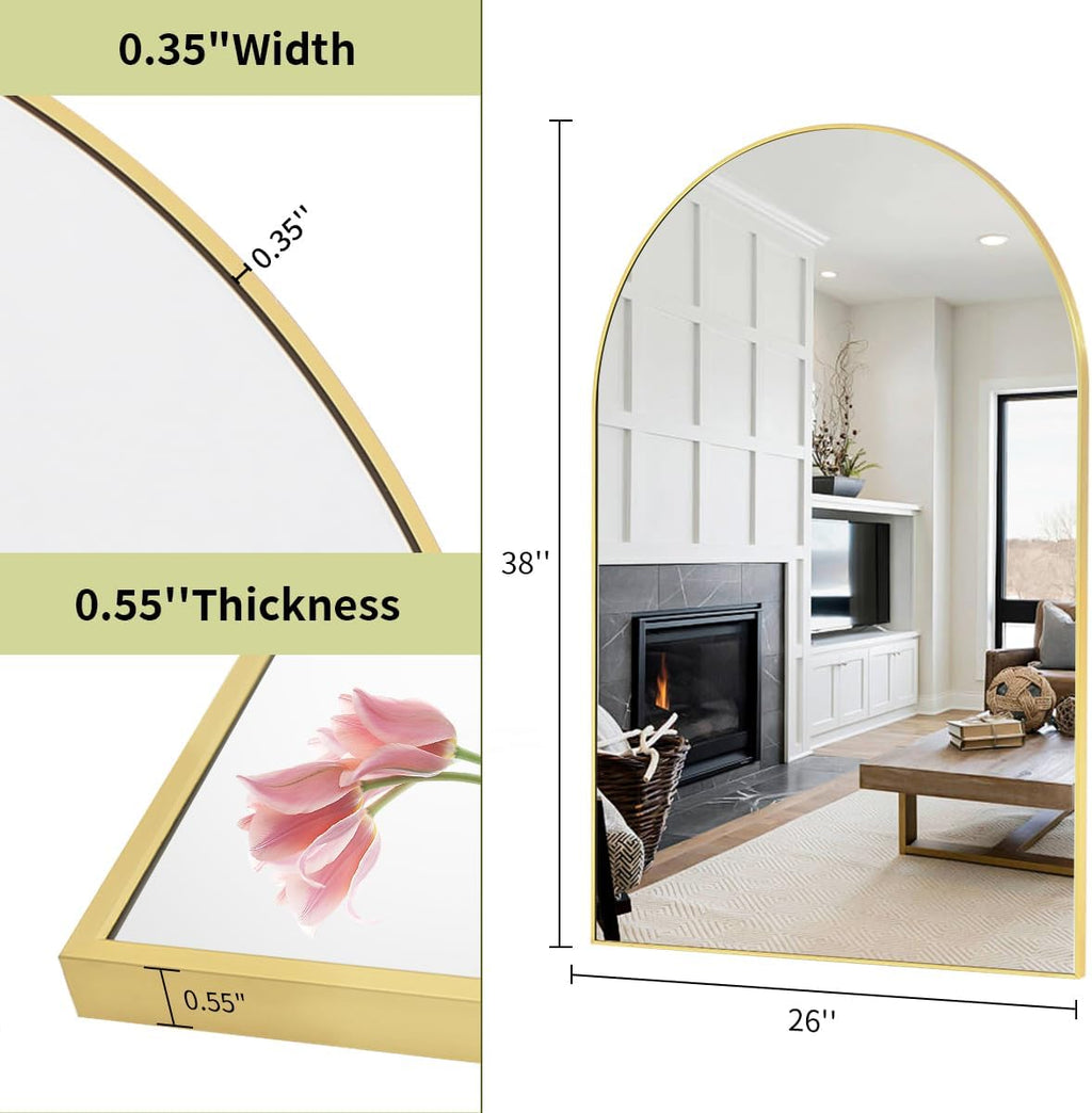 BEAUTYPEAK Wall Mounted Mirror, 26 inch x38 inch Arch Bathroom Mirror, Gold Vanity Wall Mirror w/ Metal Frame for Bedroom, Entryway, Living Room