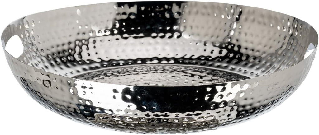 MyGift 14 Inch Deluxe Decorative Dish Tray Centerpiece Base, Silver Tone Plated Hammered Aluminum Fruit Bowl Serving Platter with Cutout Handles - Handcrafted in India