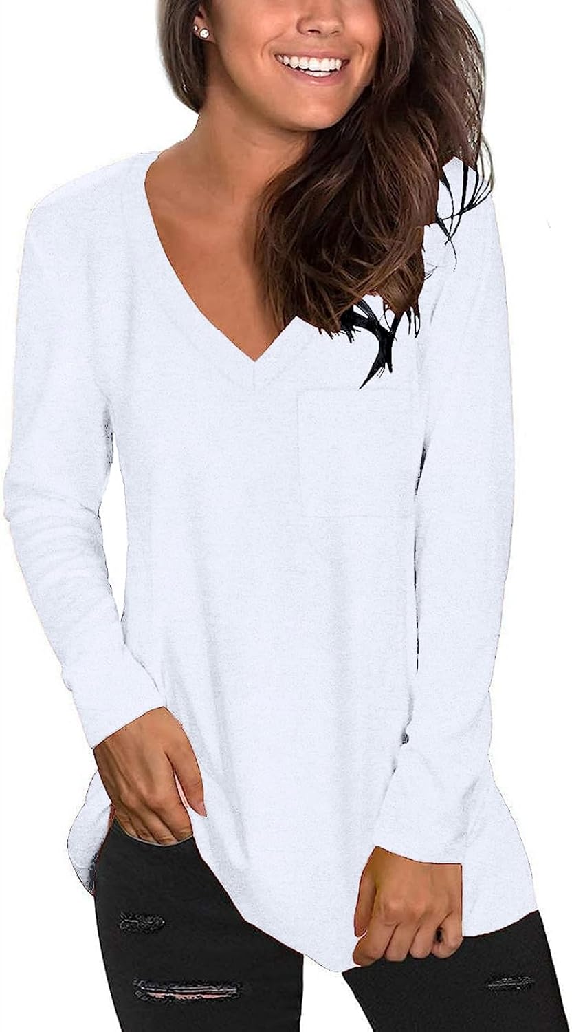 Tobrief Women's Long Sleeve V-Neck Shirts Fall Graphic Tees Loose Casual T-Shirt