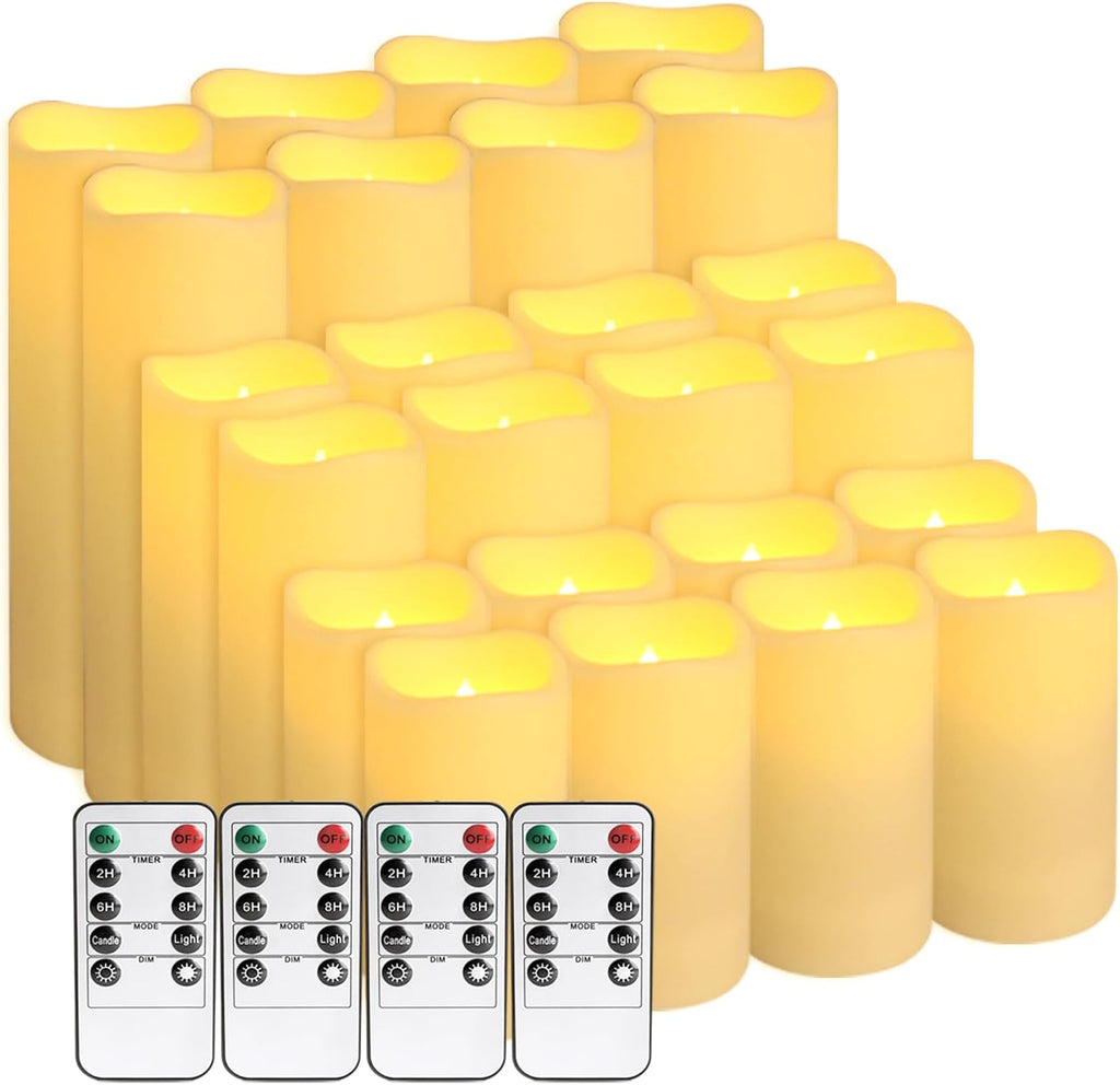 Set of 24 Waterproof Outdoor Flameless Candles,Realistic LED Candles with 4 Remote and Timer,(H 4" 5" 6" x D 2.2"),for Halloween Wedding Festival Decor.