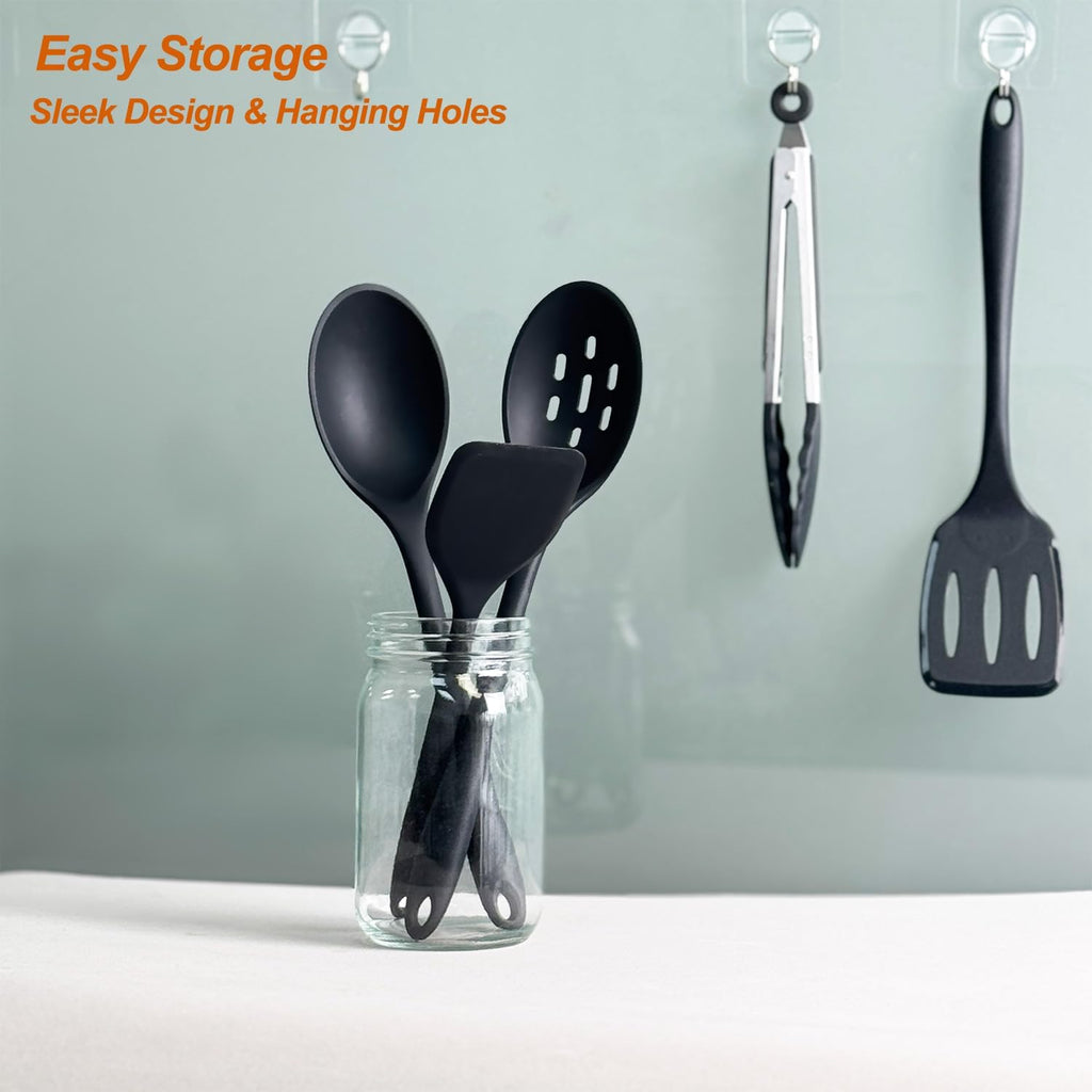 Silicone Cooking Utensils Set, Heat Resistant and large Non Stick Spatulas & Spoons for Kitchen, Ideal BPA Free Kitchen Turners for Frying, Mixing,Serving,Draining,Turning