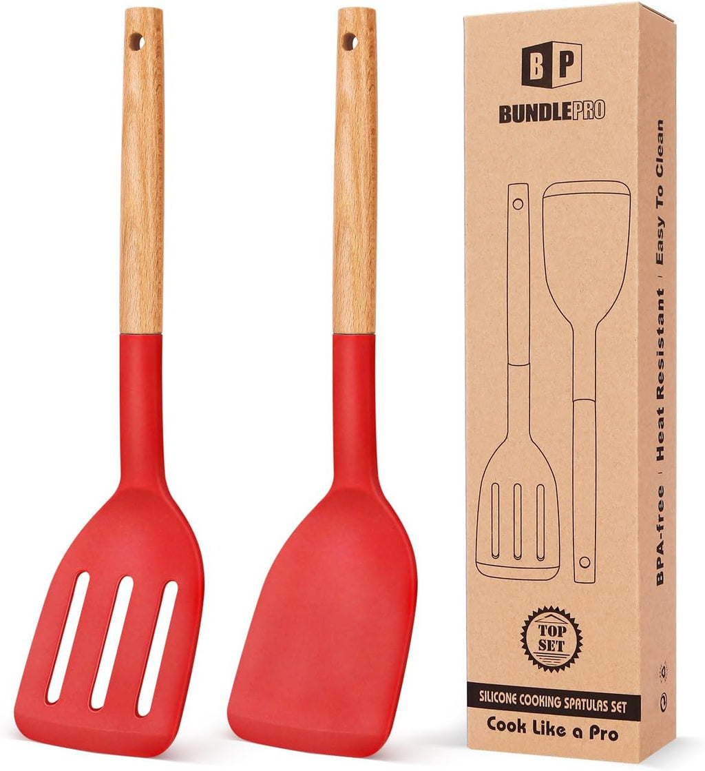 Pack of 2 Silicone Cooking Spatula, Heat Resistant Solid Turner, Non Stick Slotted Spatulas with Wooden Handle,Ideal Wood Kitchen Utensils Set for Frying, Baking, Flipping, Turning (RED)
