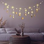 Moon Phase Wall Decor with LED String Light, 13 Gold Wood Boho Wall Hanging Decor Mood Garland 56'' - Celestial Phases Moon Decor in Bohemian Style for Bedroom Home Living Room
