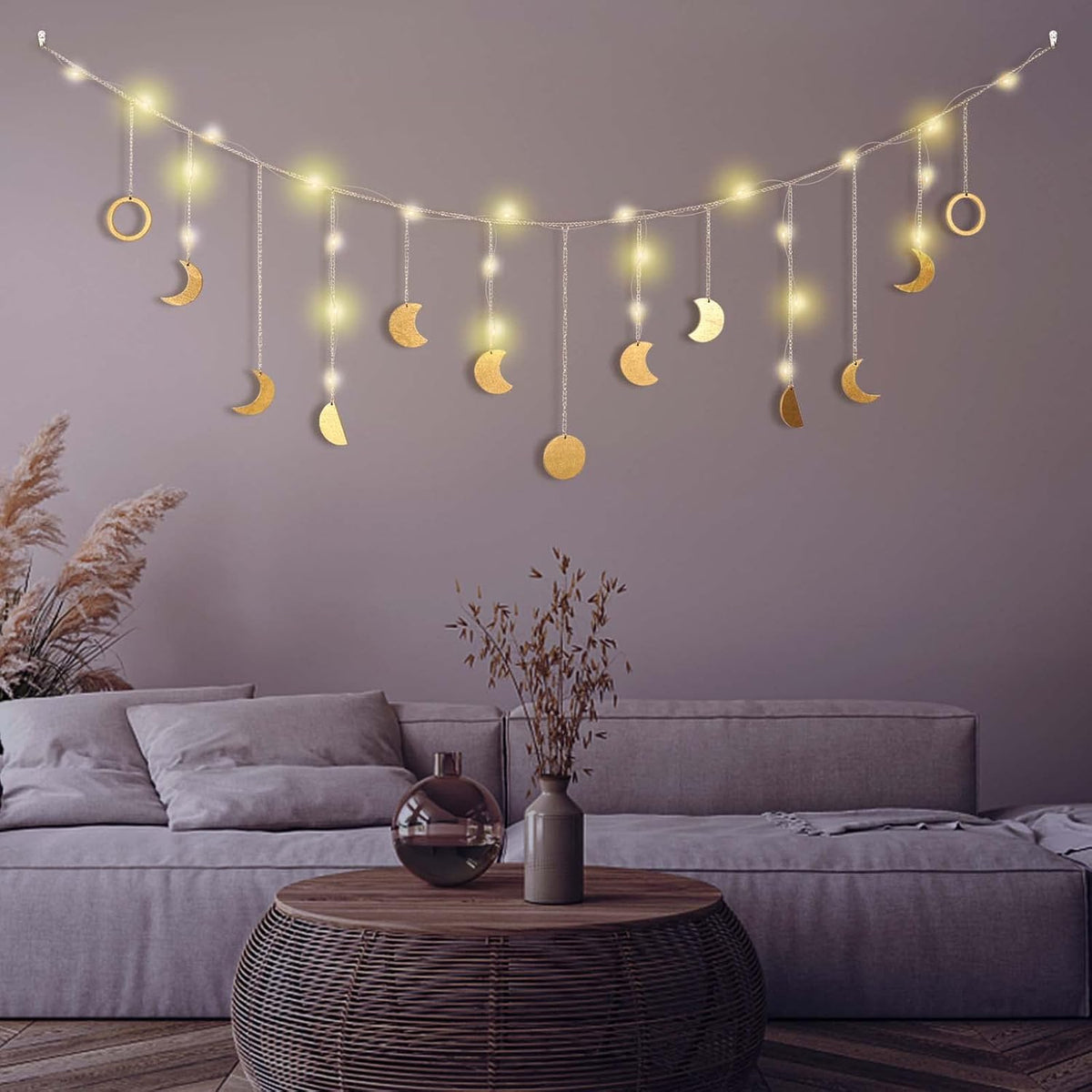 Moon Phase Wall Decor with LED String Light, 13 Gold Wood Boho Wall Hanging Decor Mood Garland 56'' - Celestial Phases Moon Decor in Bohemian Style for Bedroom Home Living Room