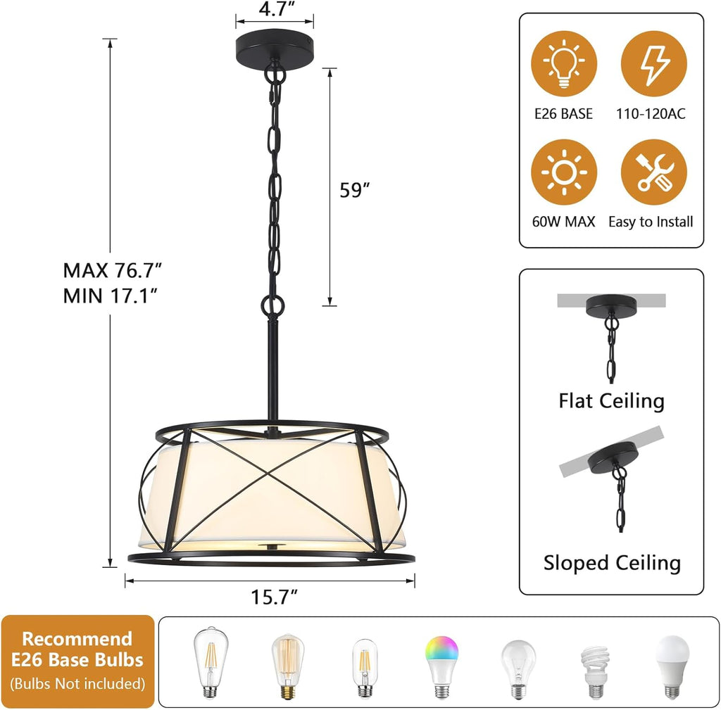 15.7" Black Drum Chandelier,3-Light Modern Farmhouse Chandelier,White Fabric Drum Shade Pendant Light Fixture for Dining Room Kitchen Island Bedroom Entryway