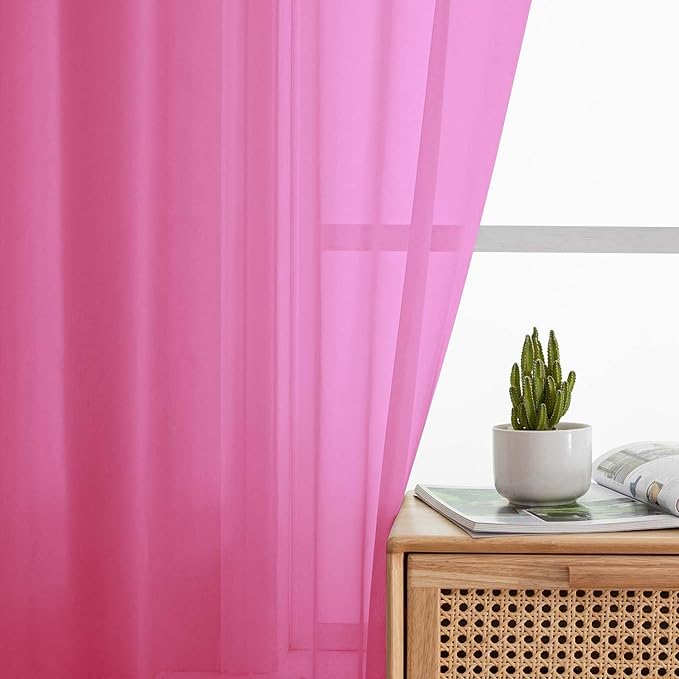 Kitchen Curtains 24 Inch Length Tier 2 Pieces, Hot Pink Sheer Curtain Solid - Image 7
