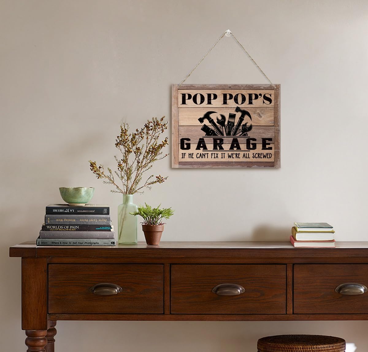 Rustic Sign, Father's Day Gift, Dad's Gift, Grandpa's Gift, Decor Hanging Wood Signs, Printed Wood Wall Art Sign, Pop Pop's Garage, If He Can't Fix It We're All Screwed, Vintage Sign Gift for Grandpa