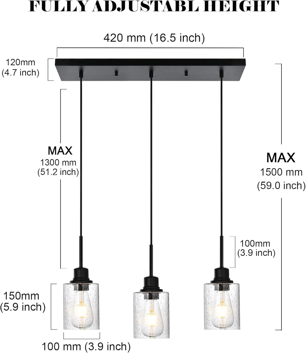 Modern 3-Light Pendant Island Light Fixture Black Ceiling Hanging Lights with Clear Seeded Glass and Adjustable Cord,Industrial Pendant Lighting for Kitchen Living Room Dining Room Foyer