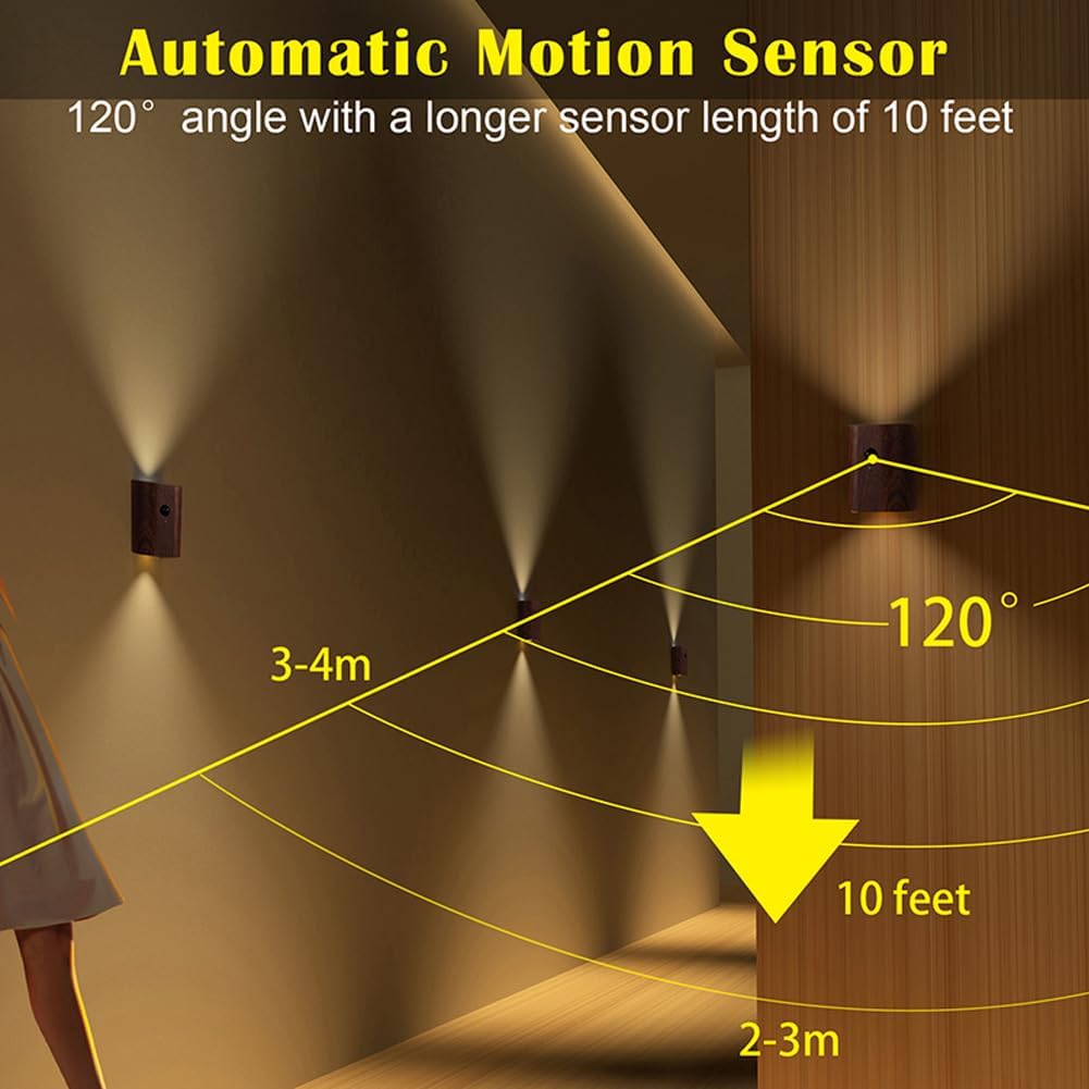 LANDGOO Smart Night Light Step Light - Rechargeable Motion Sensor Stair Lamp, 2700K Warm White LED Walnut Wood for Bedroom Hallway Safety (1 Pack)