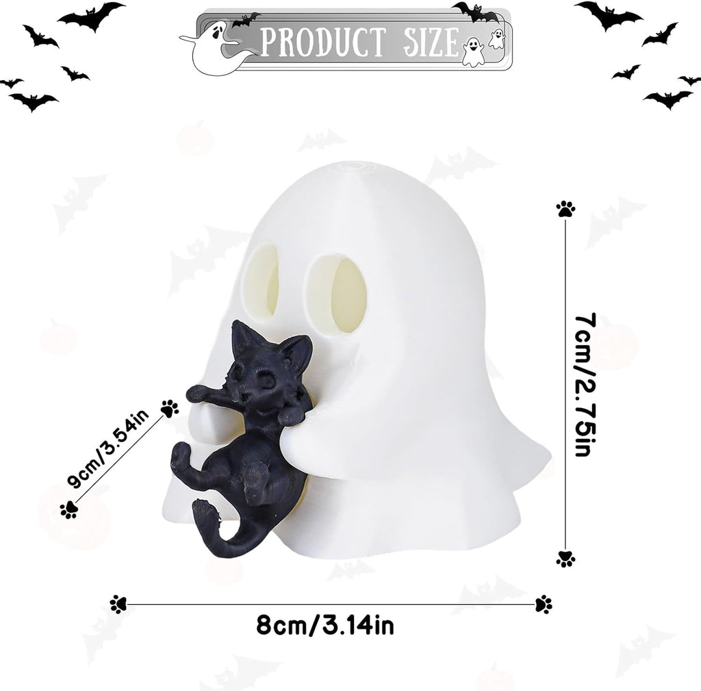 1 Pcs Halloween Ghost Figurine Cute Desktop Ornament Cute Cartoon Little Ghost Hugging Kitten Designs Resin Spooky Halloween Statue for Home Offince Art Display Decor Suppies
