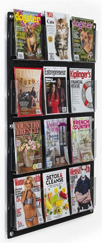Displays2go Wall Pamphlet Display, Acrylic, 12/24 Adjustable Slots, Aluminum Standoffs - Black (2RP12BLK)