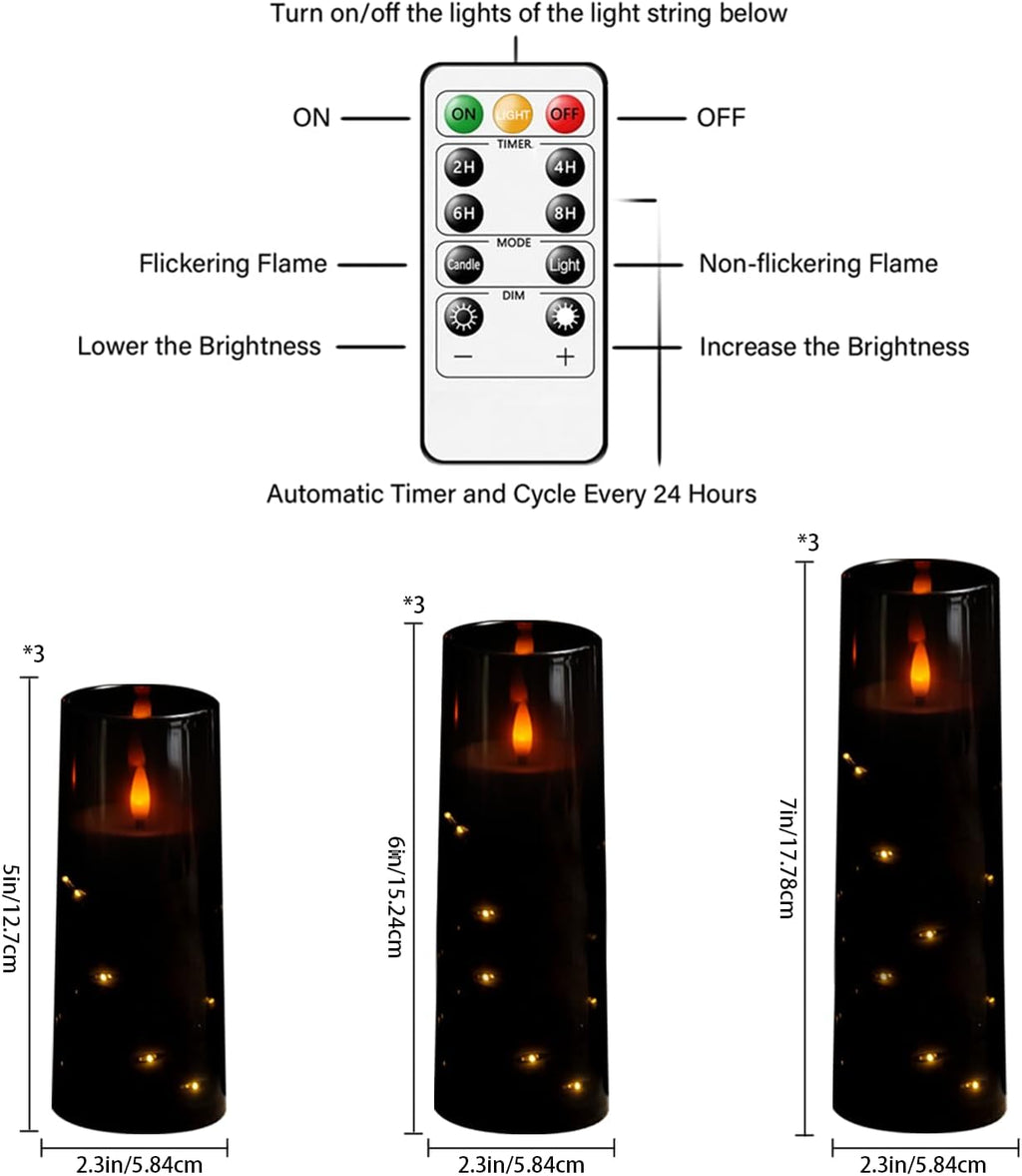 Flickering Flameless LED Candles, 9 Pcs with Embedded Star String, Acrylic LED Pillar Candles with Remote, Suitable for Home Decoration (Black)