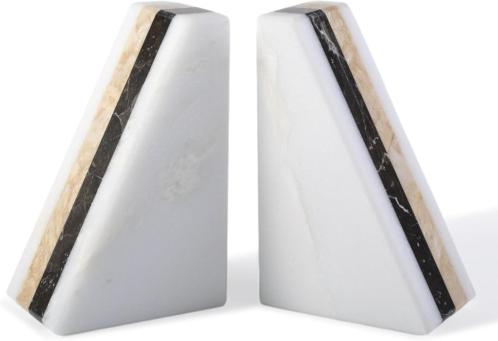 Marble Book Ends, Non-Skid Bookends for Shelves, Composite Bookend with Natural Marble, Heavy Duty Book Stopper, Collected CDs and Oversized Books Organizer, Gold & Black Decorative Bookends