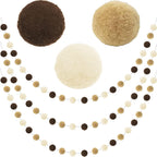 Jishi Pom Pom Garland Boho Party Decorations, 3-Pack Brown Khaki Beige Felt Ball Garland Cute Pastel Rainbow Pompom Strings, Christmas Birthday Wedding Rustic Boho Home Decor Supplies, Xmas Tree Decor