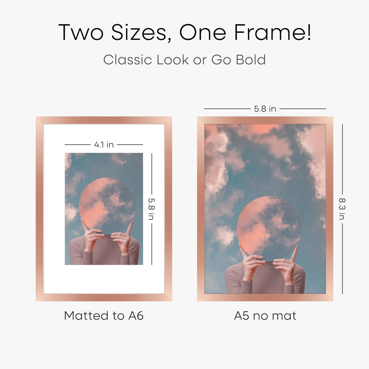 Homeforia A5 Frame Rose Gold, High End Metal 5.8 x 8.3 Picture Frames Matted to 4.1 by 5.8 inch Art, A5 Display Photo Frame with Mat A6, 5.8x8.3 Rose Poster Frames, Tempered Glass, Wall Kit, Set of 1