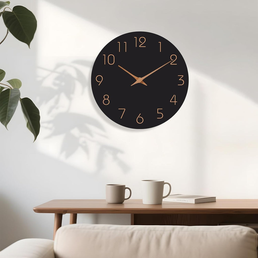 Mosewa Wall Clock 14 Inch Black Battery Operated Silent Non Ticking Simple Minimalist Rose Gold Numbers Decorative for Bedroom Living Room Kitchen Home Office