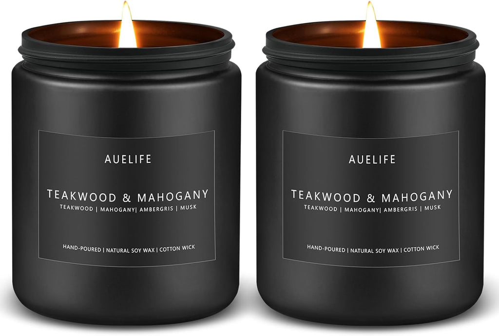 2 Pack Teakwood & Mahogany Candle | Scented Candles for Men, Man Gifts for Men - Masculine Candles - Soy Candle for Home Scented - 7oz Black Jar, Long Lasting