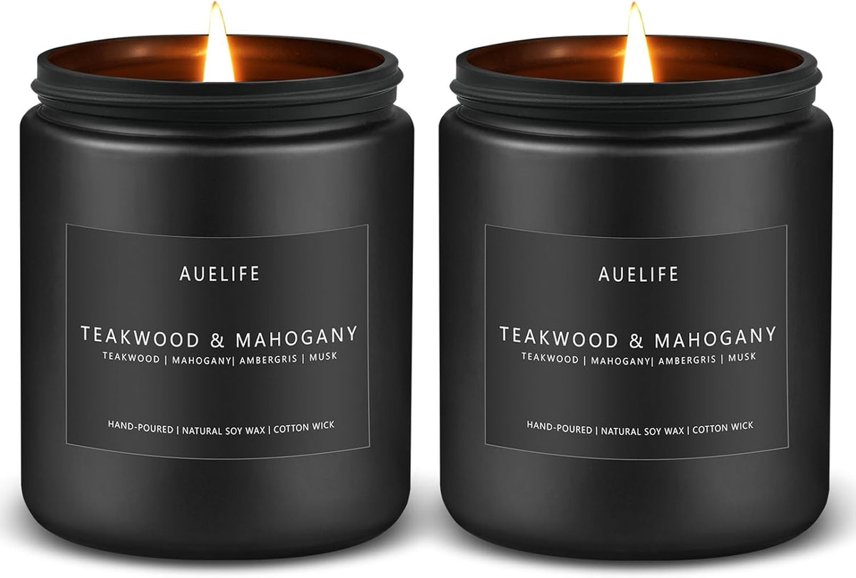 2 Pack Teakwood & Mahogany Candle | Scented Candles for Men, Man Gifts for Men - Masculine Candles - Soy Candle for Home Scented - 7oz Black Jar, Long Lasting
