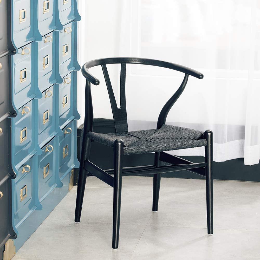 Wishbone Chair, Solid Wood Armrest Woven Seat Chair, Kitchen & Dining Chair, Wishbone Y Black Chairs - Set of 2 (Ash Wood - Black)