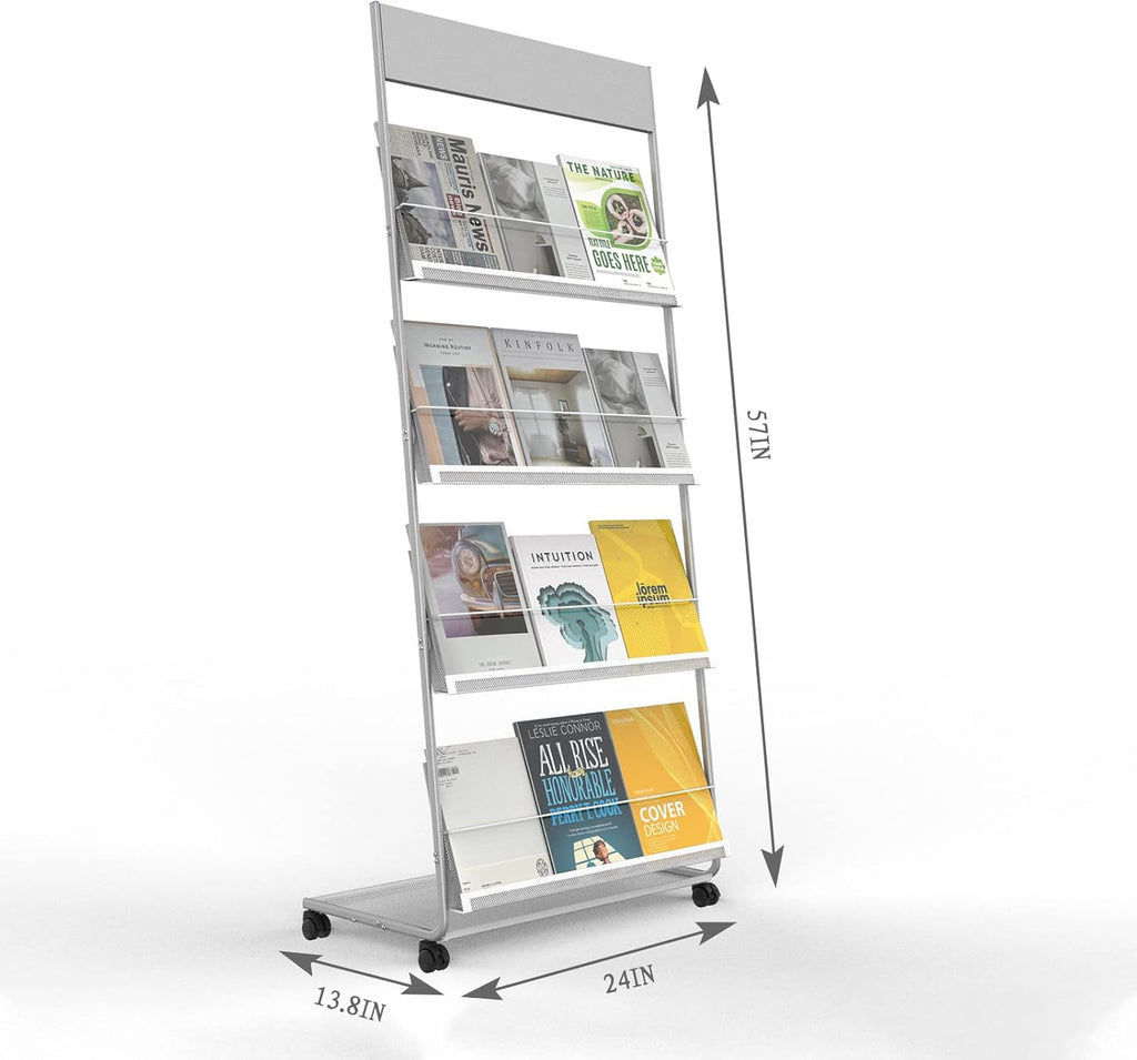 TONGMO Floor-Standing Magazine Rack 4-Layer with Wheels, Brochure Display Stand, High-hardness metal for Exhibitions, Office, and Any Organization Requiring Information Display (Silver)