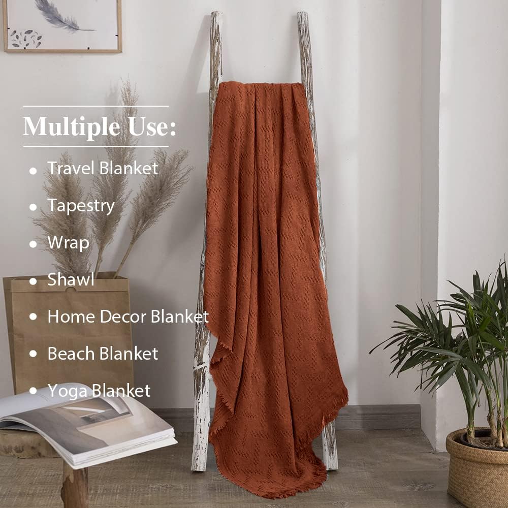 Simple&Opulence 100% Cotton Throw Blanket for Bed, Couch, Boho Luxury Geometric Woven Blanket with Tassels Soft Lightweight Cozy Breathable, Vintage Farmhouse Decoration for All-Season(Rust Orange)