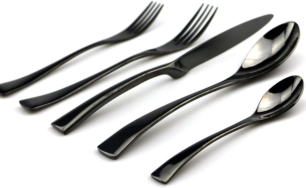 JASHII 18/10 Stainless Steel 20 Piece Mirror Polished Black Flatware Set,Dinner Knife Fork Salad Fork Coffee Spoon，Service for 4 ，Black Utensil Sets