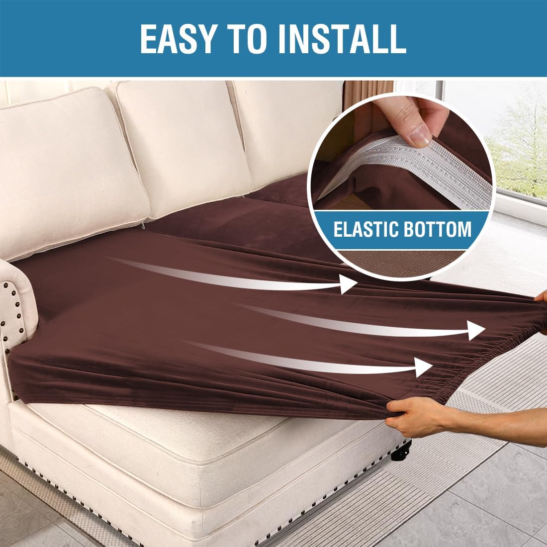 H.VERSAILTEX Velvet Stretch Sectional Couch Covers 3 Pieces Sofa Seat Cushion Covers L Shape Separate Cushion Couch Cover for Both Left/Right Sectional Couch (Large Sofa 2 Seater + 1 Chaise, Brown)